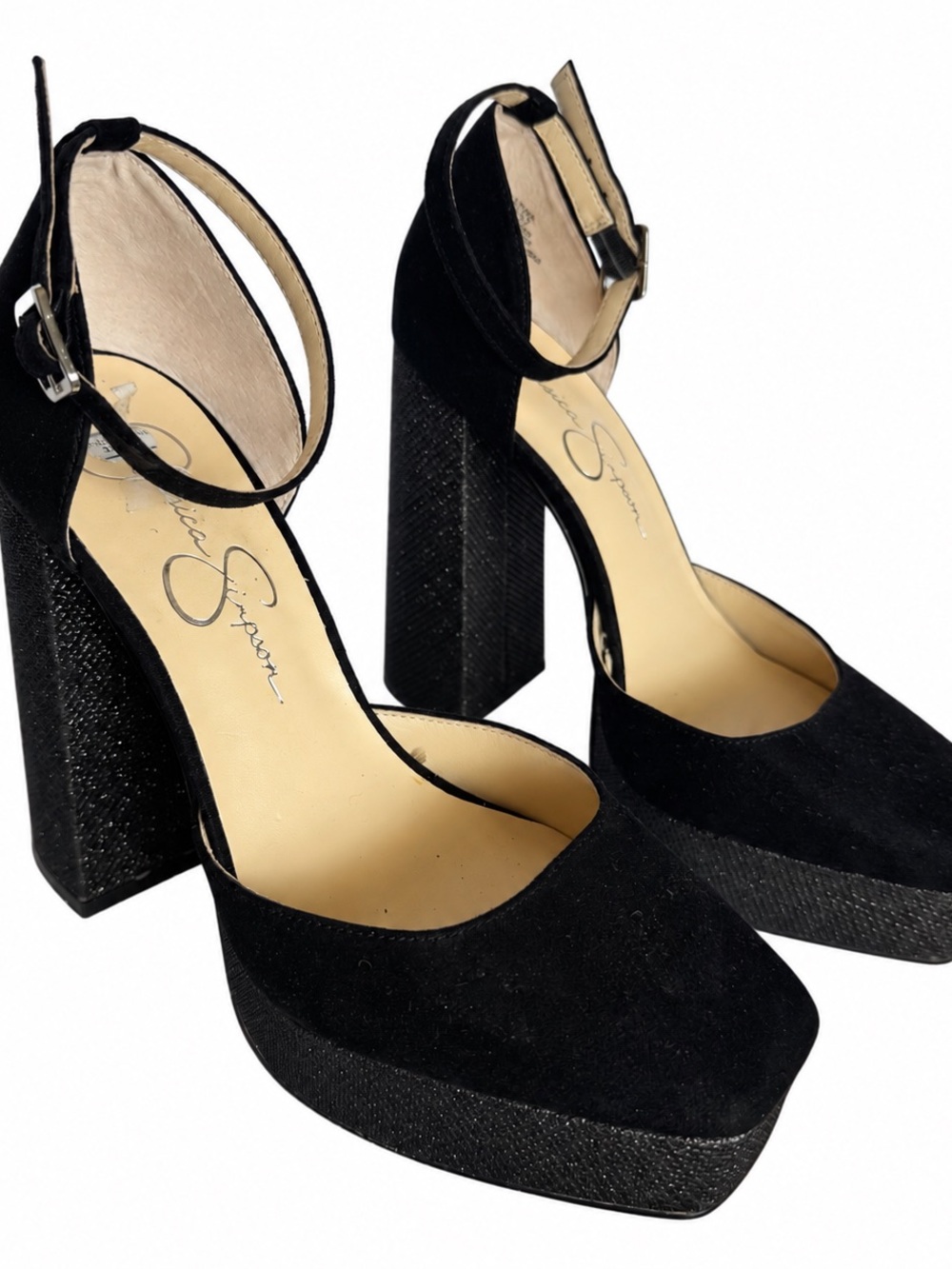 Jessica Simpson Katina Black Platform Block Heels Ankle Strap Size 6.5M